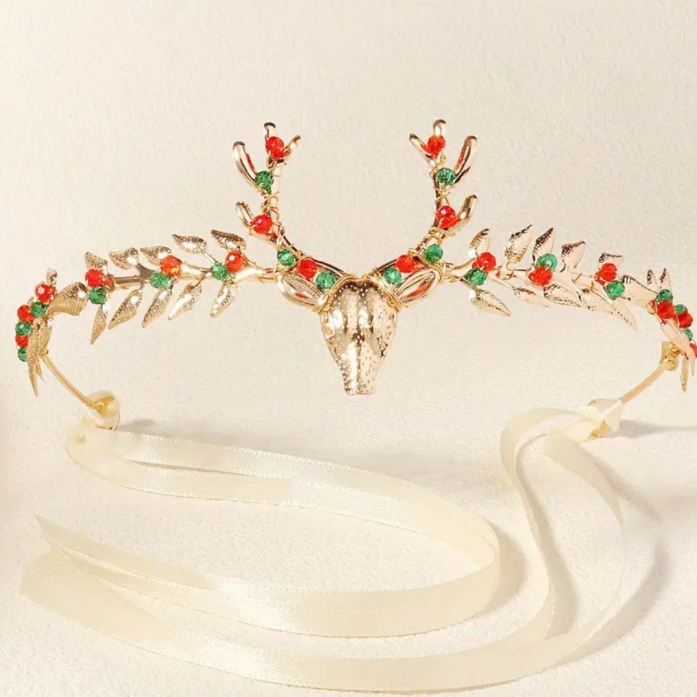 NWT Gold Tone Christmas Holiday Reindeer Crown / Tiara with Red and Green Beads!